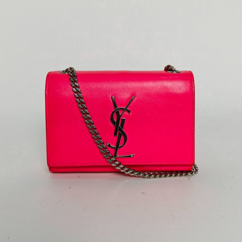 SAINT LAURENT 桃紅色牛皮銀扣KATE光面牛皮MINI17肩背包-0