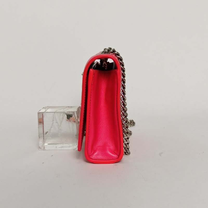 SAINT LAURENT 桃紅色牛皮銀扣KATE光面牛皮MINI17肩背包-1