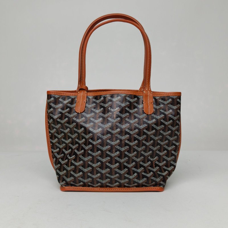 GOYARD Anjou雙面購物袋Mini20金棕色牛皮/帆布銀扣肩背包-0