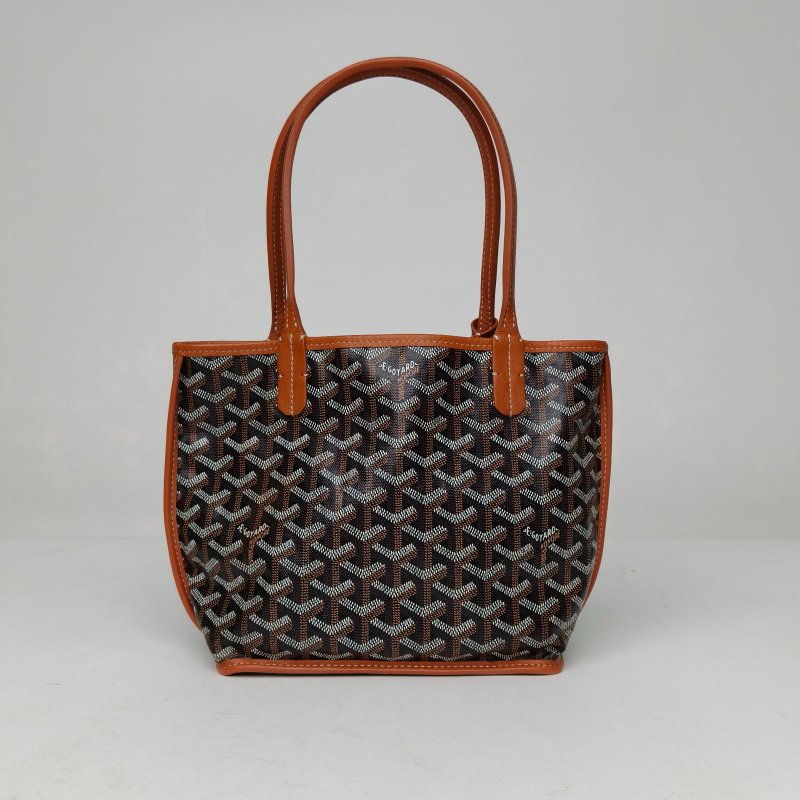 GOYARD Anjou雙面購物袋Mini20金棕色牛皮/帆布銀扣肩背包-2