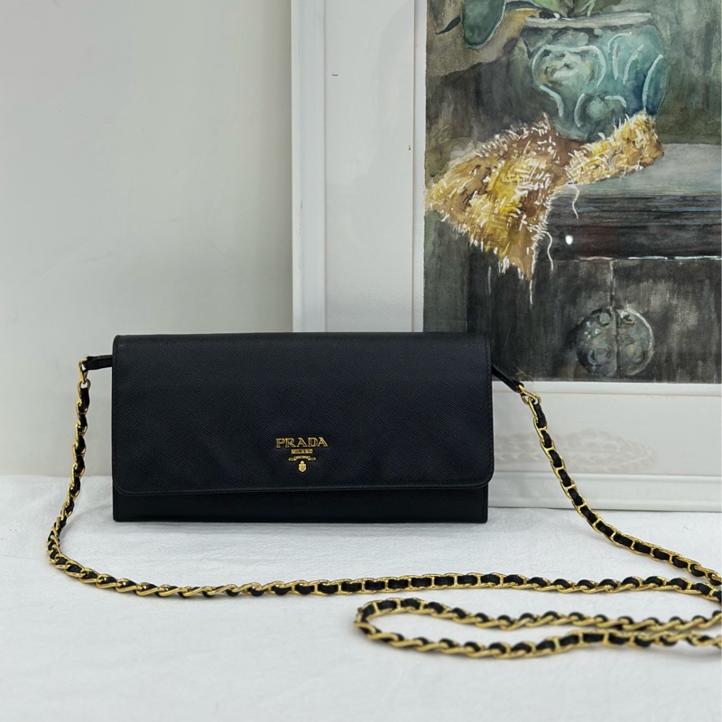 Prada 普拉達 十字紋牛皮WOC皮夾 黑色 鏈條斜背包單肩包 尺寸21*10*2-0