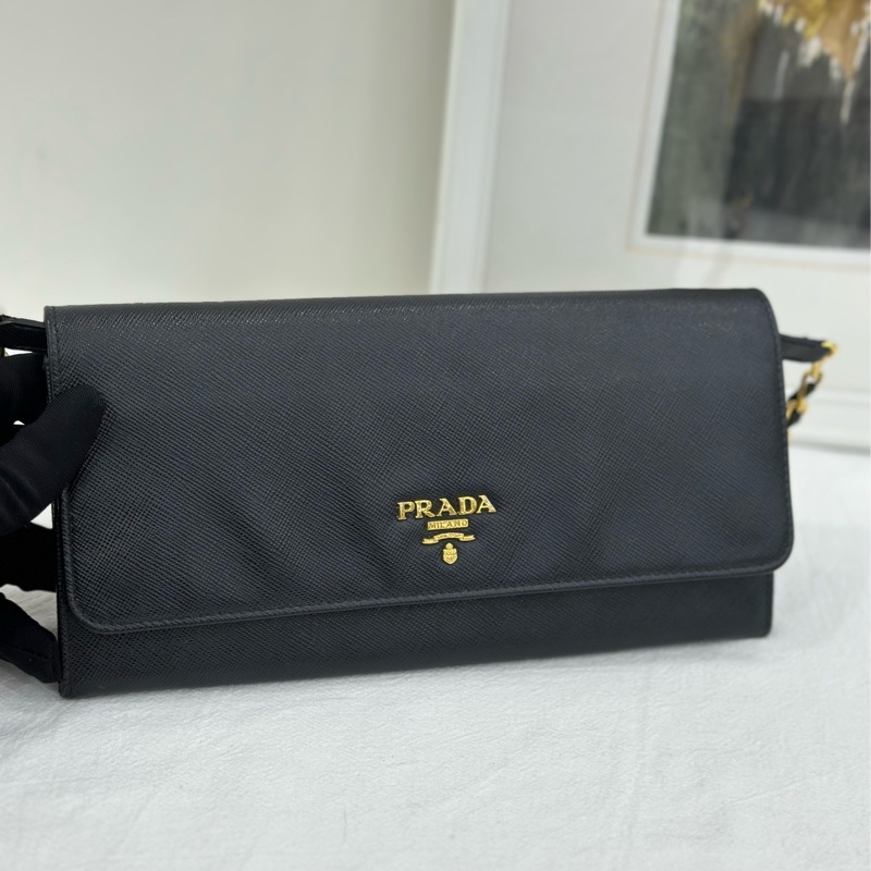 Prada 普拉達 十字紋牛皮WOC皮夾 黑色 鏈條斜背包單肩包 尺寸21*10*2-2