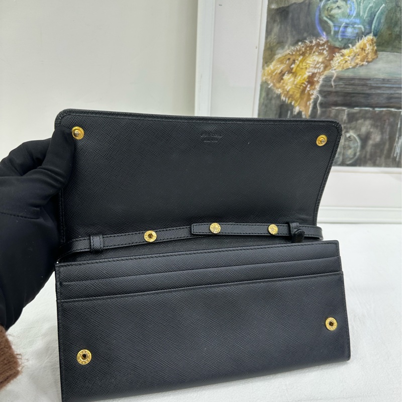 Prada 普拉達 十字紋牛皮WOC皮夾 黑色 鏈條斜背包單肩包 尺寸21*10*2-3