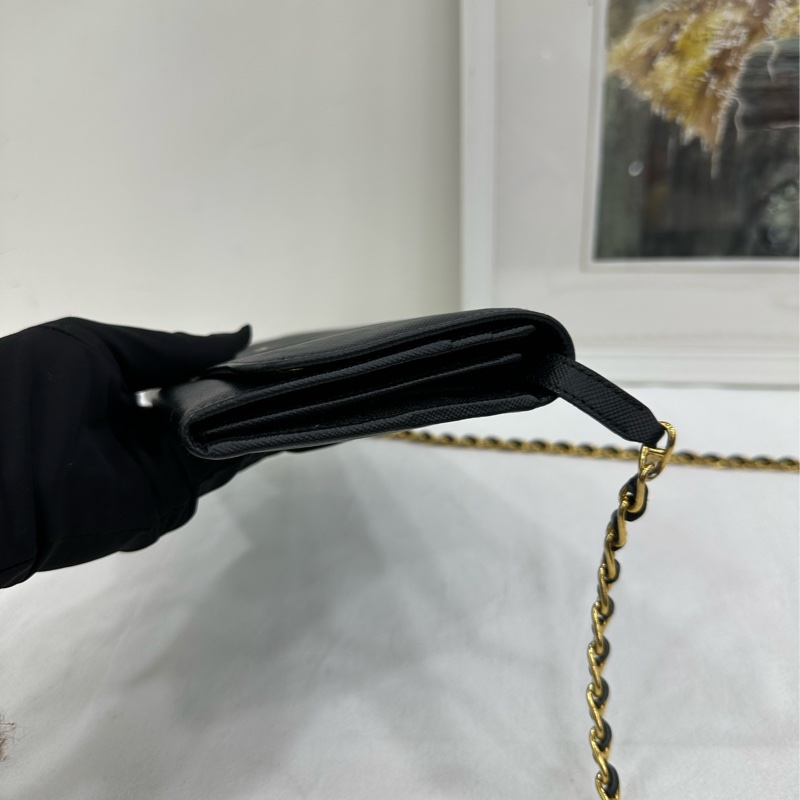 Prada 普拉達 十字紋牛皮WOC皮夾 黑色 鏈條斜背包單肩包 尺寸21*10*2-6