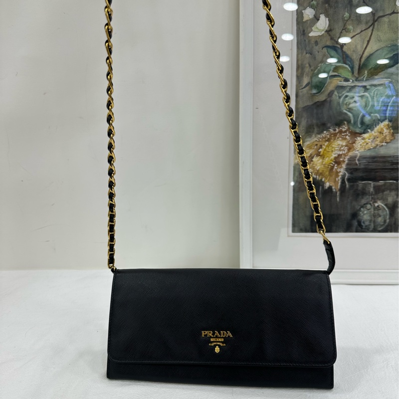 Prada 普拉達 十字紋牛皮WOC皮夾 黑色 鏈條斜背包單肩包 尺寸21*10*2-7
