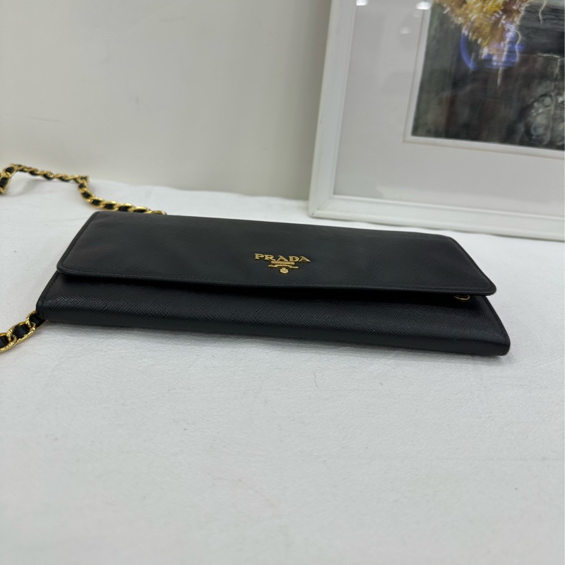 Prada 普拉達 十字紋牛皮WOC皮夾 黑色 鏈條斜背包單肩包 尺寸21*10*2-8