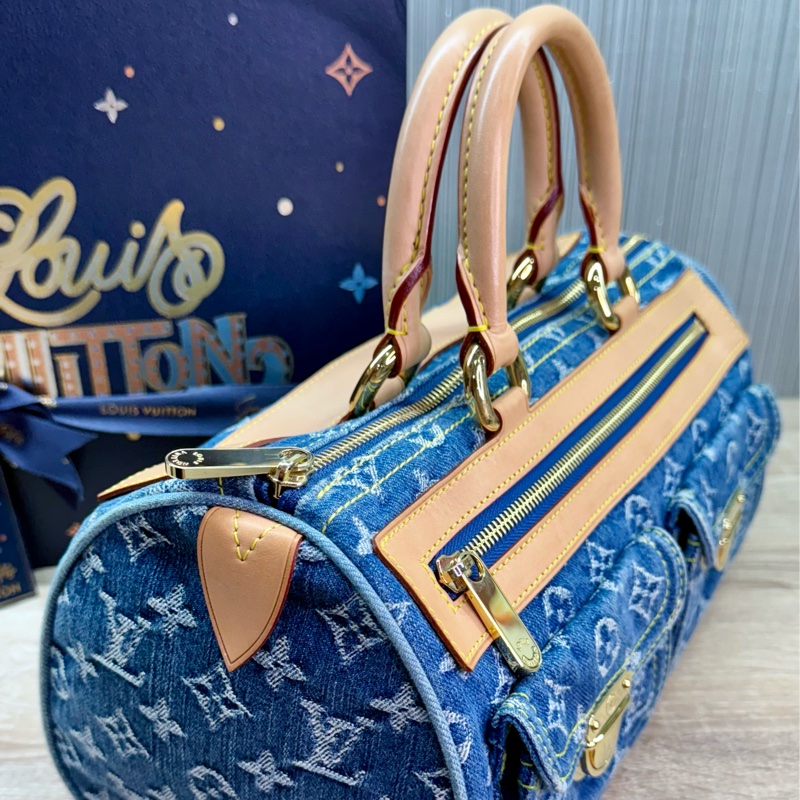 LV M95019 speedy稀有限量絕版牛仔丹寧曼哈頓釦手提包波士頓包-6