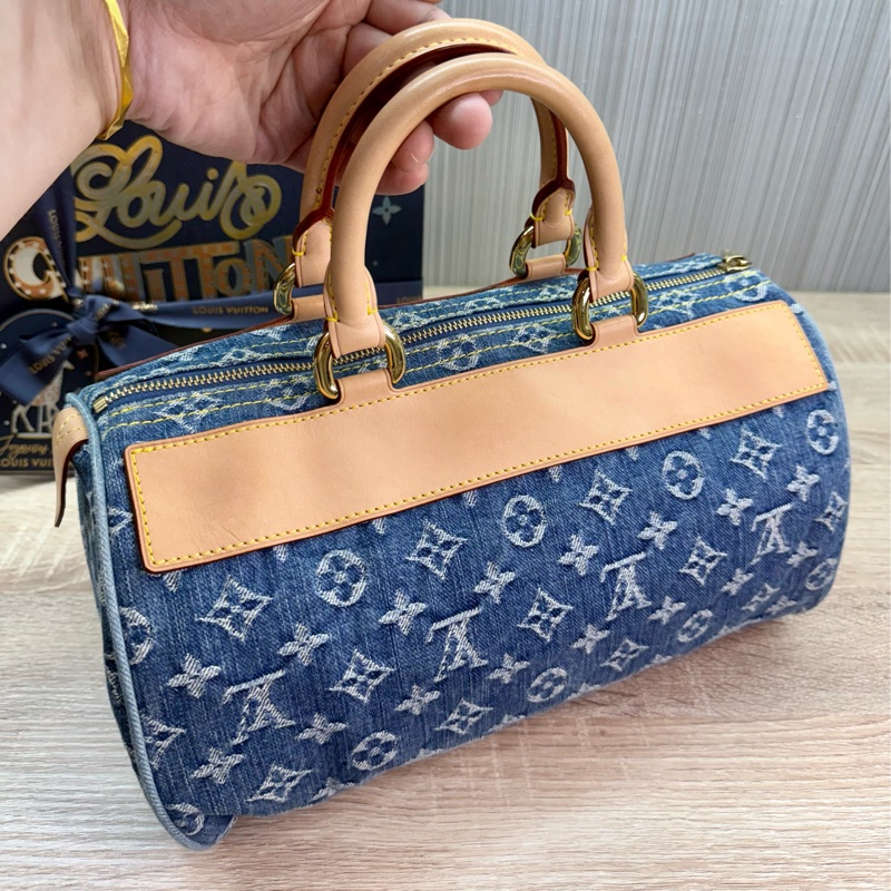 LV M95019 speedy稀有限量絕版牛仔丹寧曼哈頓釦手提包波士頓包-8