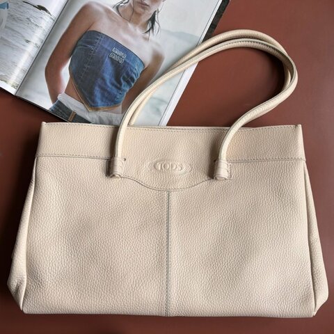 ::TODS:: Mocassino 經典品牌LOGO 乳白色牛皮托特包 手提包 肩背包 購物包