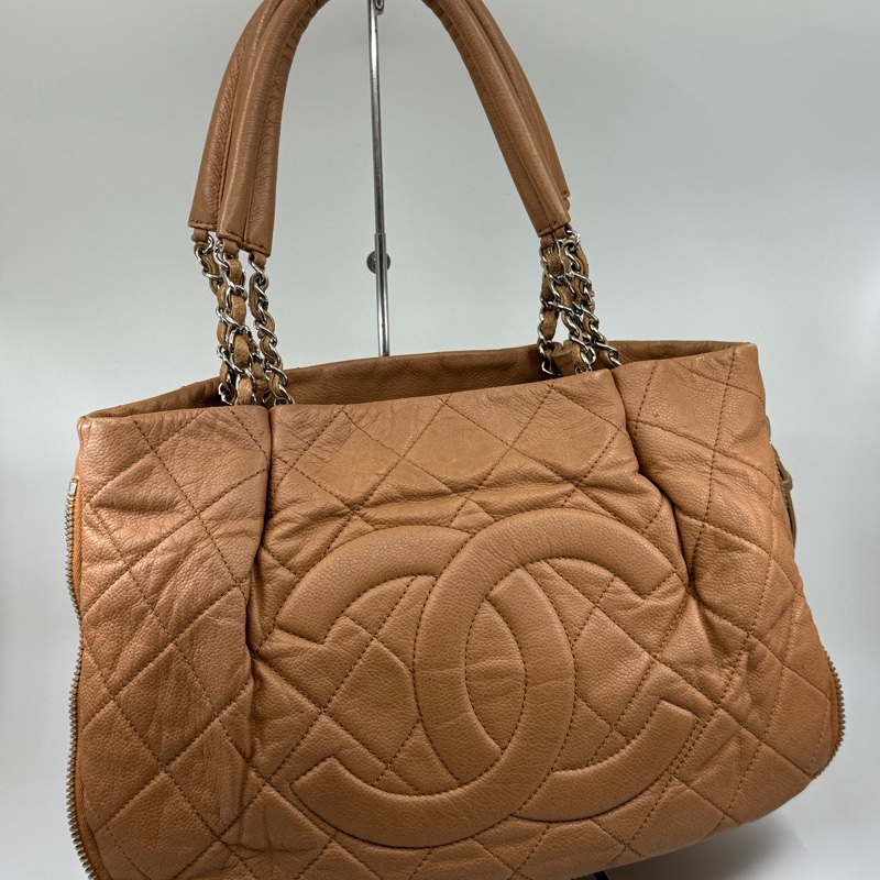 CHANEL 啡色 牛皮 銀鏈 方型側孭-0