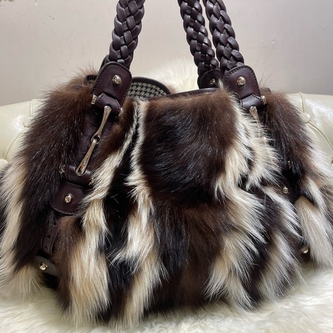 Gucci 雙帶狐狸毛Tote Bag