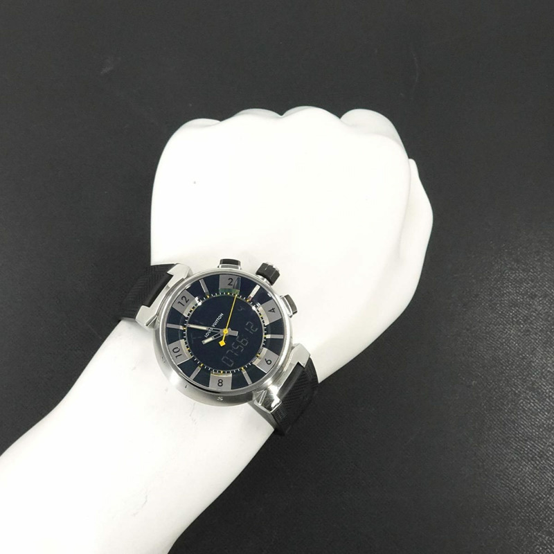 路易威登 Tambour 黑色 Q118F 男士石英模擬/數位雙顯腕錶-3