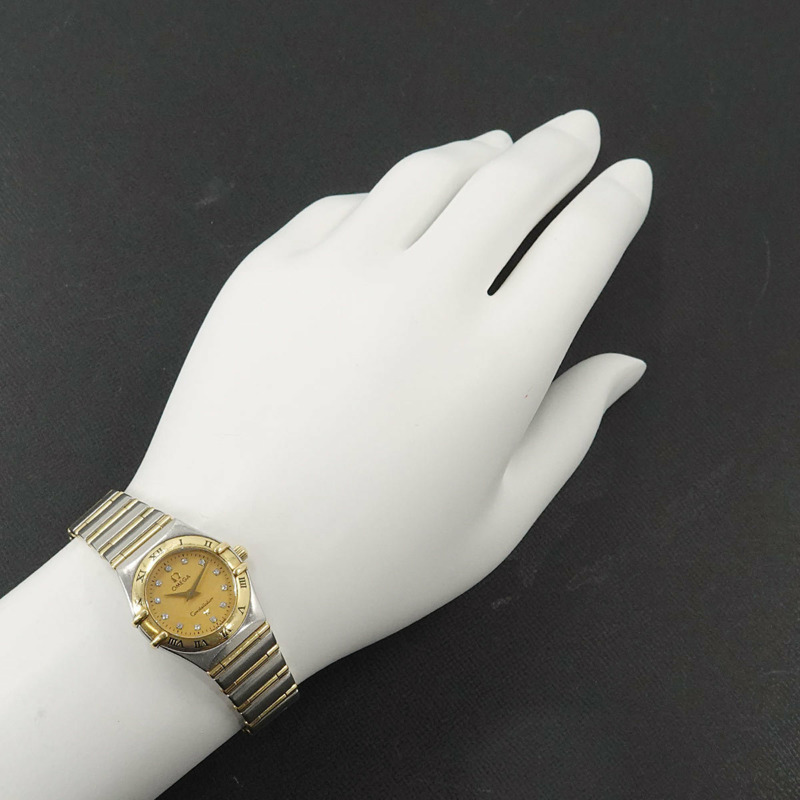 歐米茄星座系列迷你雙色1262 15女錶,鑲嵌12顆鑽石,黃金和黃色石英機芯-2