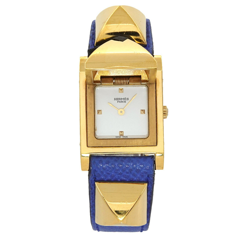 愛馬仕 Medor 女士金字塔金鉚釘腕錶,搭配白色和藍色皮革錶帶,石英機芯-0