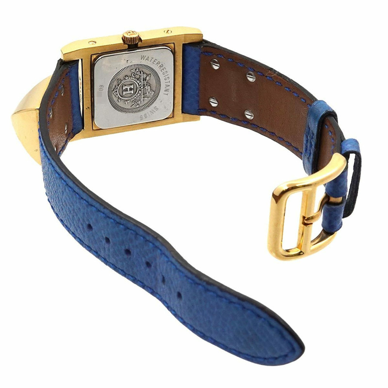 愛馬仕 Medor 女士金字塔金鉚釘腕錶,搭配白色和藍色皮革錶帶,石英機芯-3