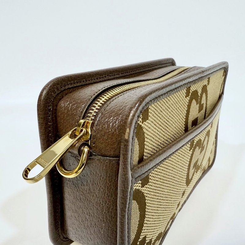 GUCCI原花帆布拚皮革JUMBO GG拉鍊相機包696075-13