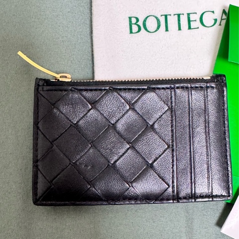 Bottega Veneta 編織皮革拉鍊零錢片卡包 BV卡包 零錢包 卡夾 黑色