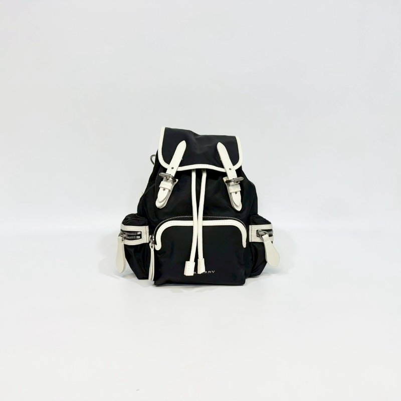 BURBERRY黑拚白邊尼龍戰馬格紋雙肩後背包4080196-0