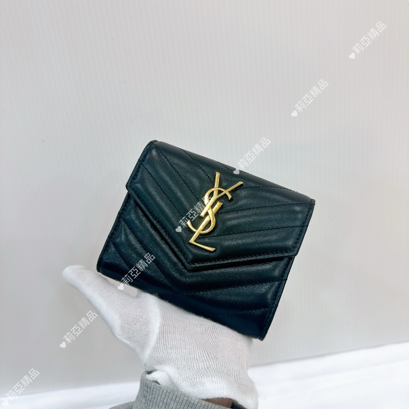 莉亞精品♡ Ysl 黑金三折短夾 9新美品-1