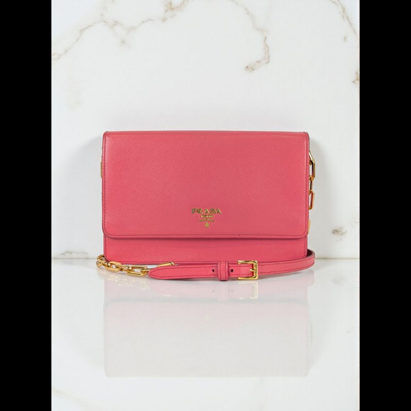 莉亞精品♡PRADA 桃紅金鍊包 二手美包-0