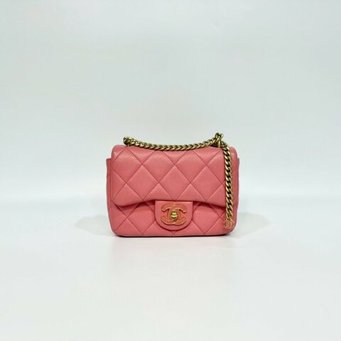 Chanel粉紅色羊皮琺瑯釦Mini Flap下蓋鏈包AS3113