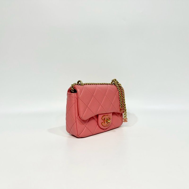 Chanel粉紅色羊皮琺瑯釦Mini Flap下蓋鏈包AS3113-3