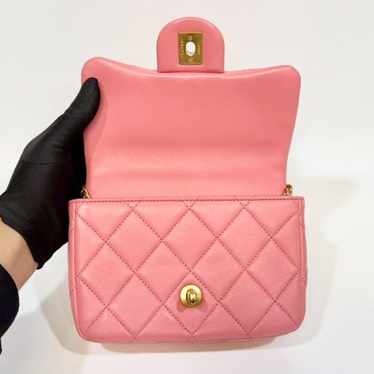 Chanel粉紅色羊皮琺瑯釦Mini Flap下蓋鏈包AS3113-7