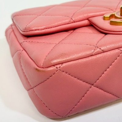 Chanel粉紅色羊皮琺瑯釦Mini Flap下蓋鏈包AS3113-12
