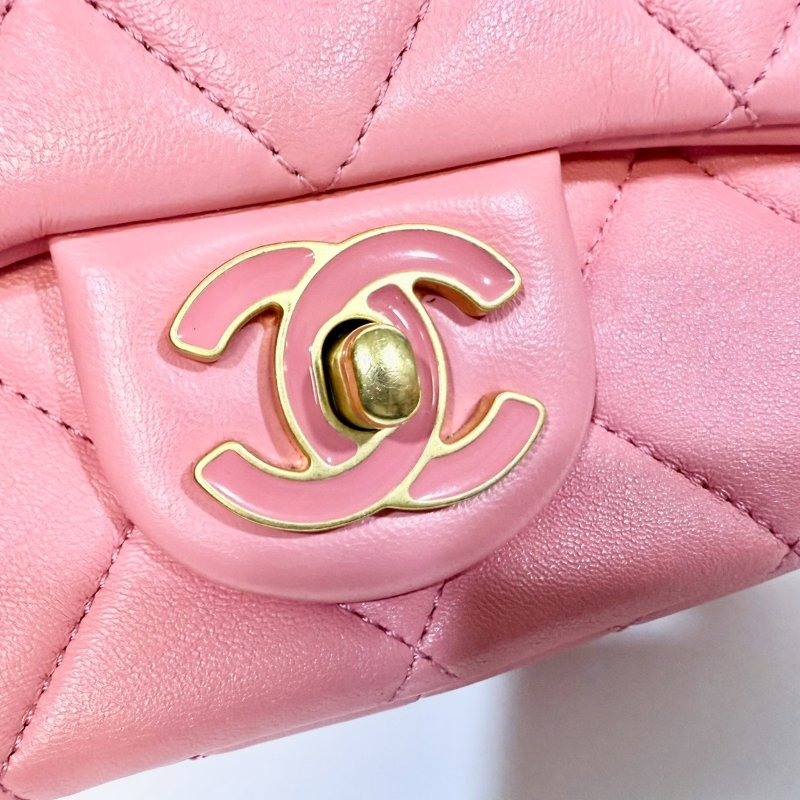 Chanel粉紅色羊皮琺瑯釦Mini Flap下蓋鏈包AS3113-14