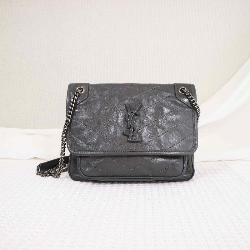 YSL NIKI 小號D釦灰色肩背包斜背包-0