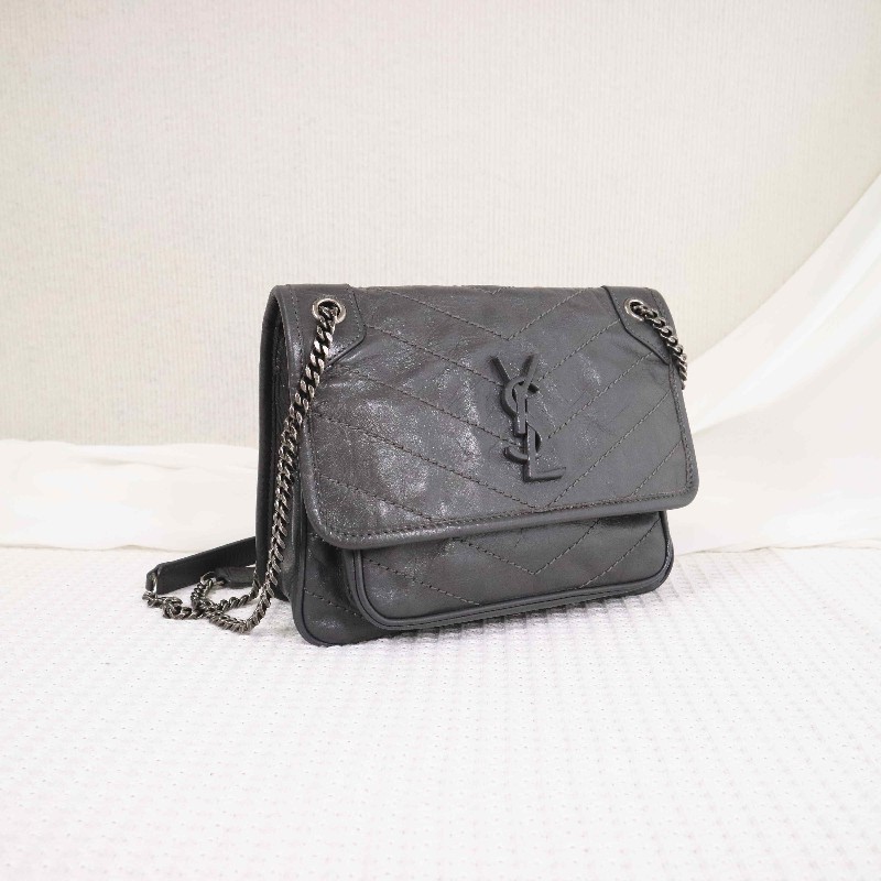 YSL NIKI 小號D釦灰色肩背包斜背包-1