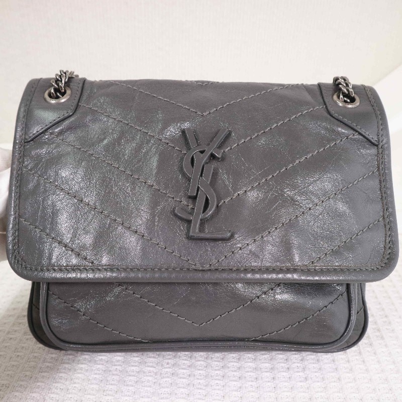 YSL NIKI 小號D釦灰色肩背包斜背包-10