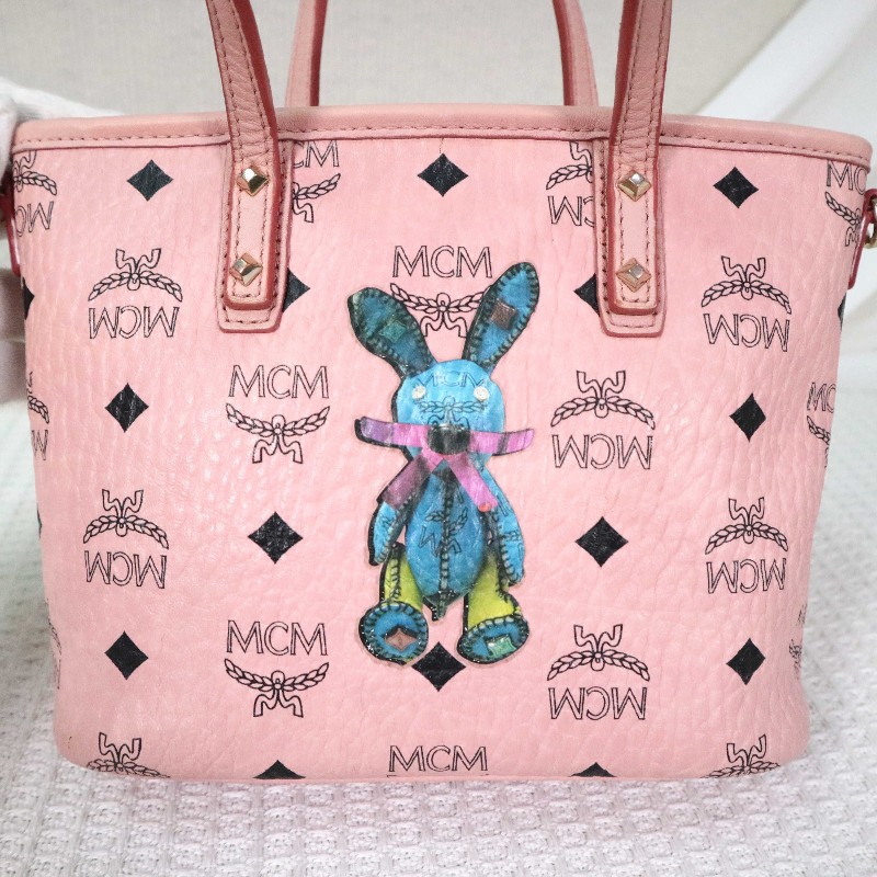 MCM Rabbit Visetos 粉色托特包 可拆卸肩帶-22
