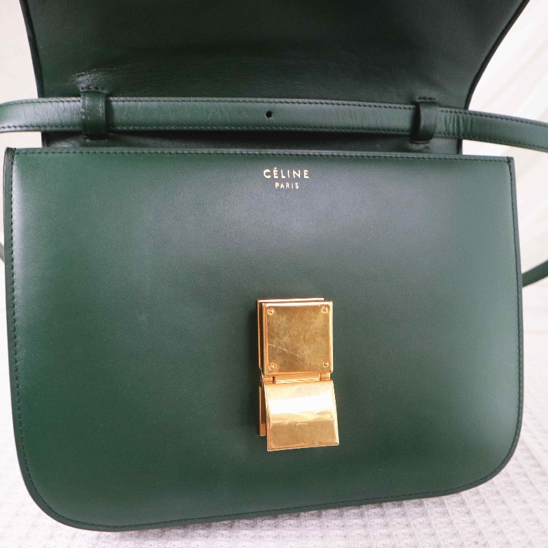 CELINE 中號 復古墨綠金扣 BOX 斜背包-18