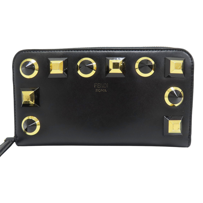 黑色 牛皮 鉚釘裝飾 拉鍊長夾【FENDI 芬迪】 8M0299-0