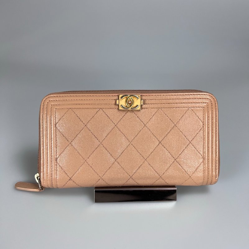 CHANEL BOY長夾 荔枝皮奶茶金扣 A80815/25開-0