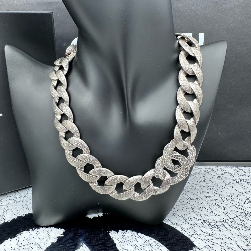 Chanel 雙C滿鑽項鍊  麻花拉絲紋理 長50cm-0