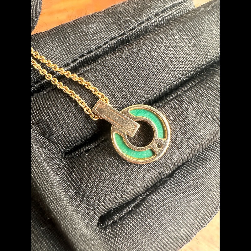 BVLGARI 玫瑰金單鑽孔雀石銅錢項鍊-4