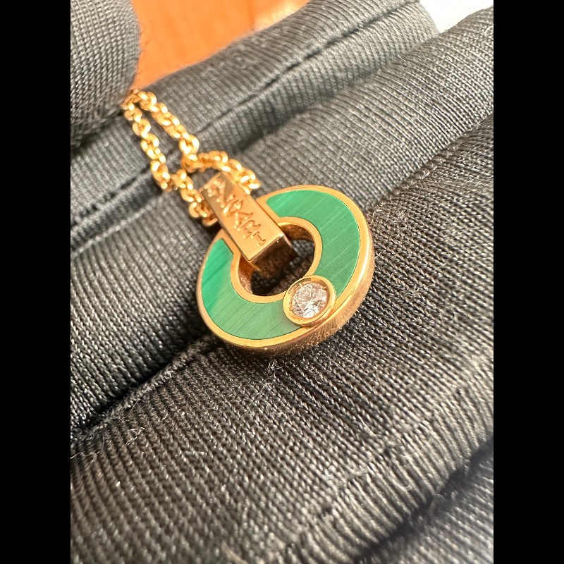 BVLGARI 玫瑰金單鑽孔雀石銅錢項鍊-5