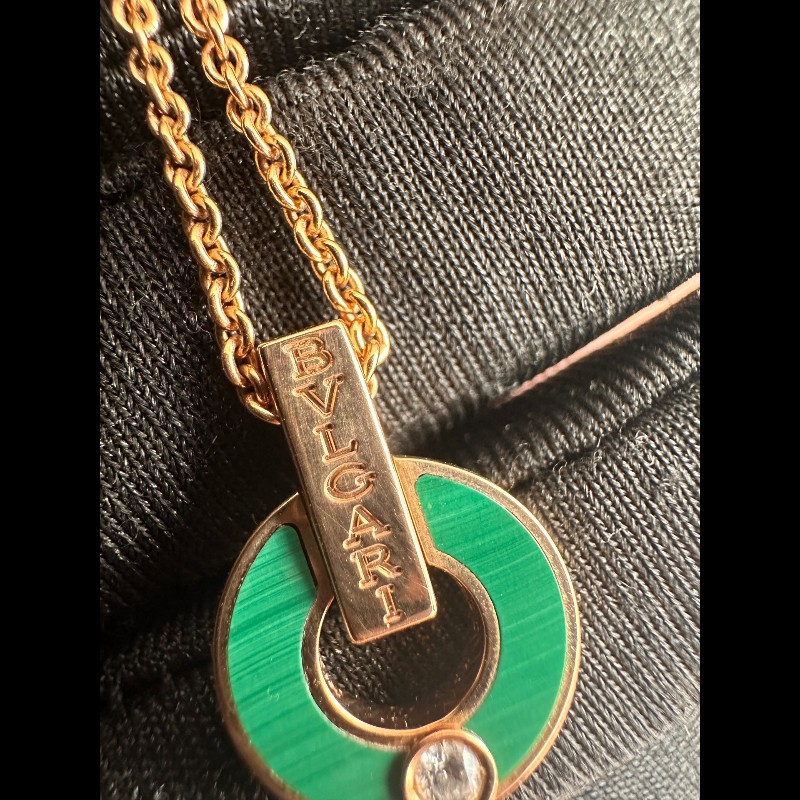 BVLGARI 玫瑰金單鑽孔雀石銅錢項鍊-6