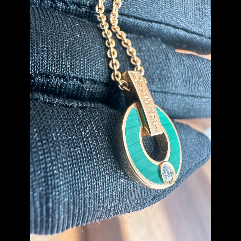 BVLGARI 玫瑰金單鑽孔雀石銅錢項鍊-7