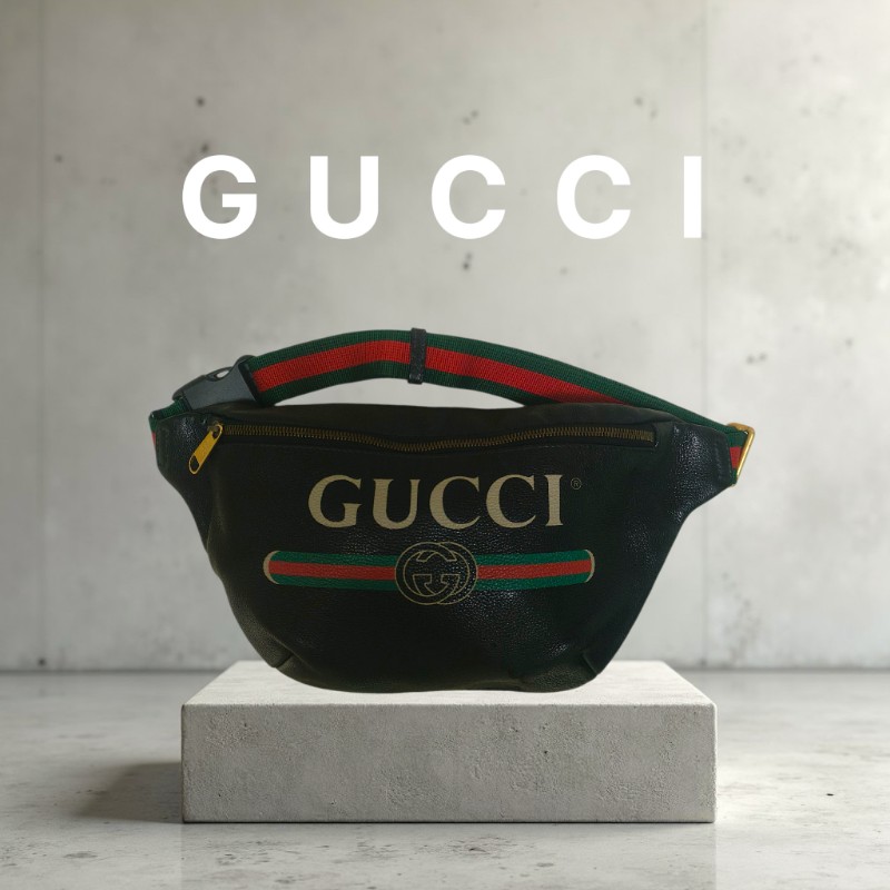 ㊣✨GUCCI✨古馳 黑色 經典 印花 皮革 綠紅綠織帶 男女同款 腰包 胸包/雙G/二手包/保證正品🌳二手樹屋🌳-0