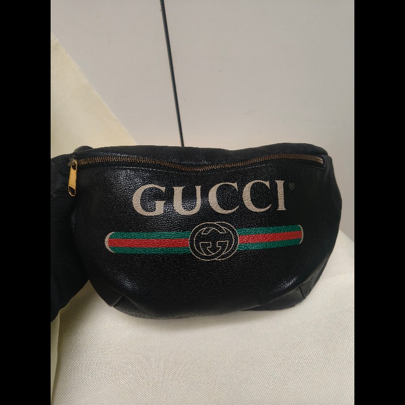 ㊣✨GUCCI✨古馳 黑色 經典 印花 皮革 綠紅綠織帶 男女同款 腰包 胸包/雙G/二手包/保證正品🌳二手樹屋🌳-1
