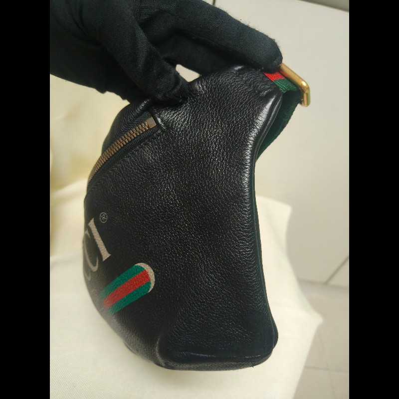 ㊣✨GUCCI✨古馳 黑色 經典 印花 皮革 綠紅綠織帶 男女同款 腰包 胸包/雙G/二手包/保證正品🌳二手樹屋🌳-4