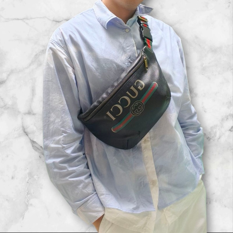 ㊣✨GUCCI✨古馳 黑色 經典 印花 皮革 綠紅綠織帶 男女同款 腰包 胸包/雙G/二手包/保證正品🌳二手樹屋🌳-37