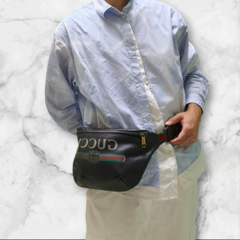 ㊣✨GUCCI✨古馳 黑色 經典 印花 皮革 綠紅綠織帶 男女同款 腰包 胸包/雙G/二手包/保證正品🌳二手樹屋🌳-38