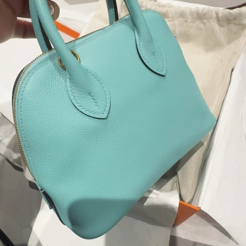 未使用 愛馬仕mini bolide保齡球包 金扣,Y刻 馬卡龍藍,(有微瑕)-0