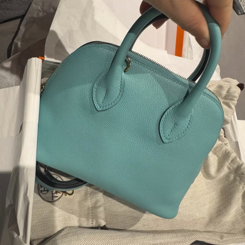 未使用 愛馬仕mini bolide保齡球包 金扣,Y刻 馬卡龍藍,(有微瑕)-7