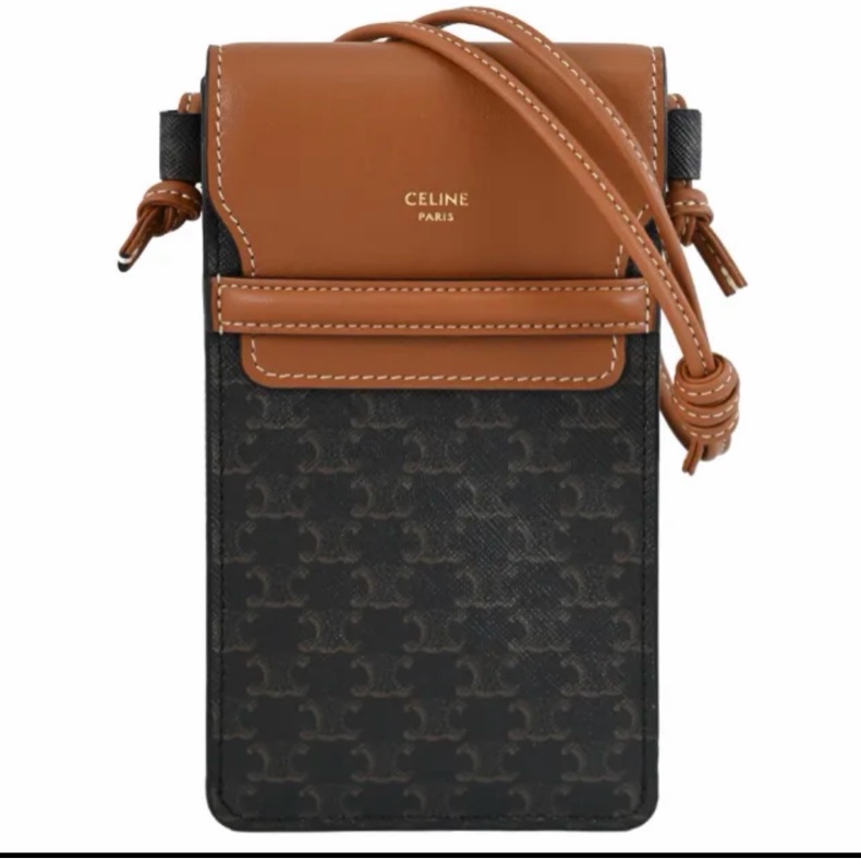 CELINE 老花小羊皮拼接翻蓋手機包斜背包(深咖/咖)-4