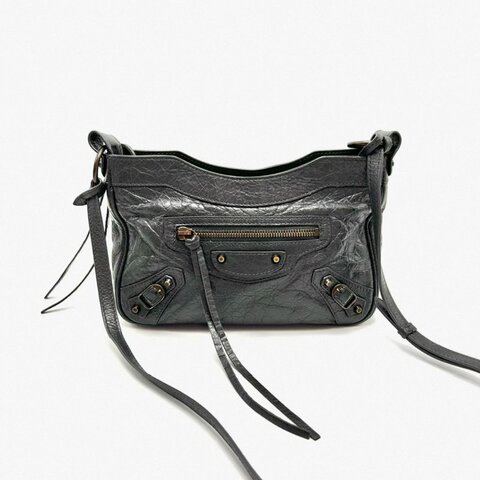 BALENCIAGA 深灰色油蠟皮肩背斜背包23*15*4  98新配件塵袋